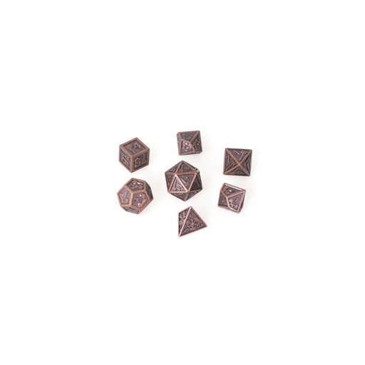 Septiņu 14mm metāla kauliņu komplekts Hammer Bronze krāsā ar iegravētu dizainu galda spēlēm.