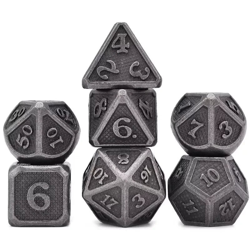 7 metal dice set 14mm (metal box)- Solid Silver