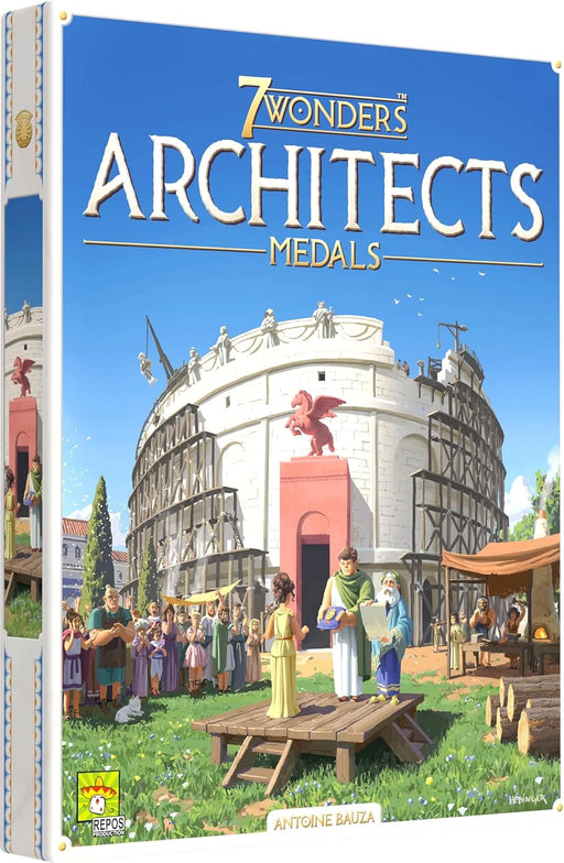7 Wonders Architects Medals paplašinājuma kastes vāks ar ilustrētu antīkās celtniecības ainu un zilu debess fonu.