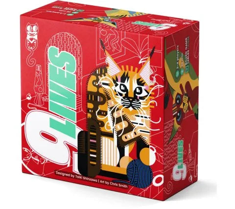 9 Lives galda spēles kaste sarkanā krāsā ar stilizētu kaķa ilustrāciju un modernu grafisko dizainu.