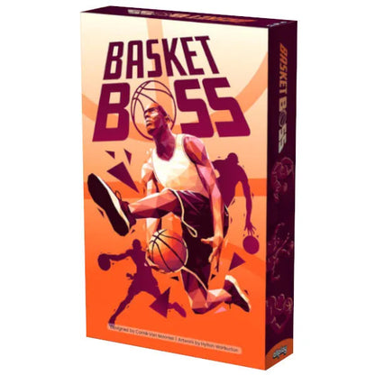 Basketboss galda spēles kaste ar oranžu poligonālu basketbolista ilustrāciju un dinamisku sporta dizainu.