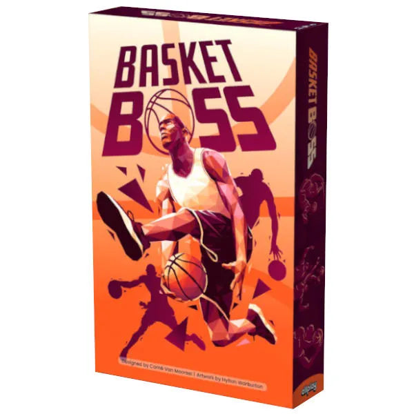 Basketboss galda spēles kaste ar oranžu poligonālu basketbolista ilustrāciju un dinamisku sporta dizainu.