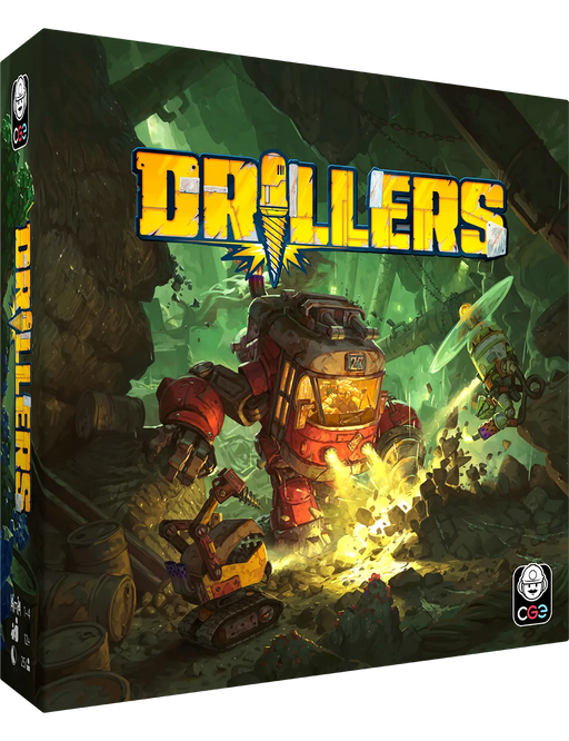 Drillers galda spēles kaste ar sarkanu urbšanas robotu un dzeltenu ekskavatoru tumšā, zaļganā raktuvju vidē.