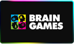Brain Games lojalitātes karte ar krāsainu galvas siluetu logotipu uz melna fona.