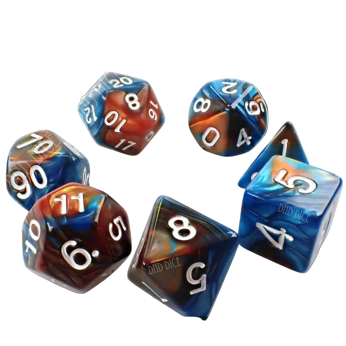 Set of 7 Dice in Box – Blue and Gold Fusion