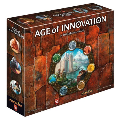 Age of Innovation galda spēles kaste ar rūsganu metāla dizainu, centrālo iluminatoru un krāsainiem civilizāciju simboliem.