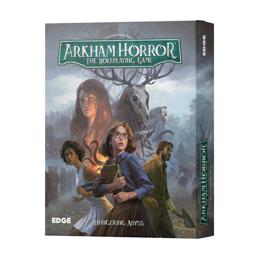 Arkham Horror lomu spēles sākuma komplekts ar tumšu, mistisku ilustrāciju un tēliem uz kastes vāka.