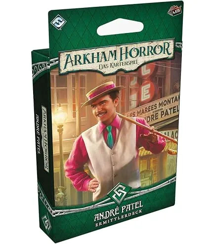 Arkham Horror kāršu spēles André Patel izmeklētāja komplekts zaļā kartona kastītē ar ilustrāciju.