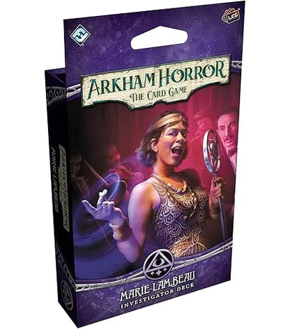 Arkham Horror kāršu spēles Marie Lambeau izmeklētāja komplekts ar violetu iepakojumu un džeza dziedātājas ilustrāciju.