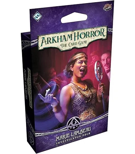 Arkham Horror kāršu spēles Marie Lambeau izmeklētāja komplekts ar violetu iepakojumu un džeza dziedātājas ilustrāciju.