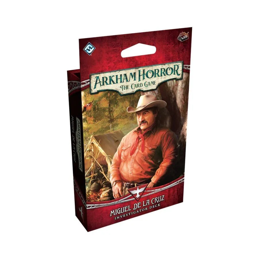 Arkham Horror kāršu spēles Migela de la Krusa izmeklētāja komplekts ar sarkanu iepakojuma dizainu un tēla ilustrāciju.