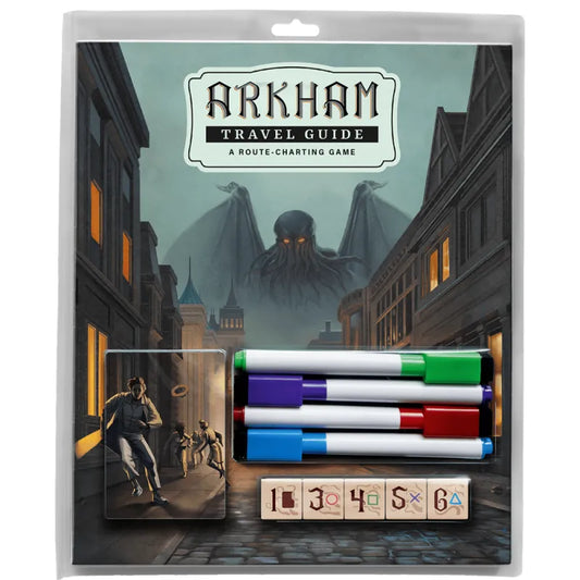 Arkham Travel Guide galda spēle ar četriem krāsainiem marķieriem, spēles kauliņiem un ilustrētu iepakojumu plastmasas apvalkā.