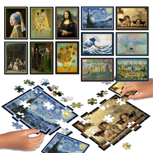 Art Puzzle Battle galda spēle ar slavenu gleznu reprodukcijām, kartona puzles gabaliņiem un krāsainiem mākslas darbiem.