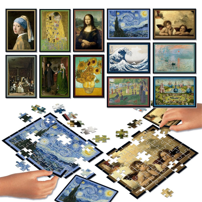 Art Puzzle Battle galda spēle ar slavenu gleznu reprodukcijām, kartona puzles gabaliņiem un krāsainiem mākslas darbiem.