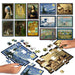 Art Puzzle Battle galda spēle ar slavenu gleznu reprodukcijām, kartona puzles gabaliņiem un krāsainiem mākslas darbiem.