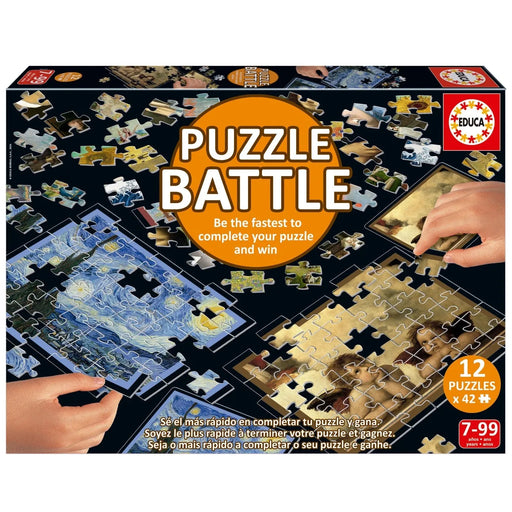 Art Puzzle Battle galda spēle ar 12 krāsainiem mākslas darbu puzles komplektiem pa 42 gabaliņiem katrā.