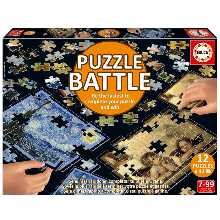 Art Puzzle Battle galda spēle ar 12 krāsainiem mākslas darbu puzles komplektiem pa 42 gabaliņiem katrā.
