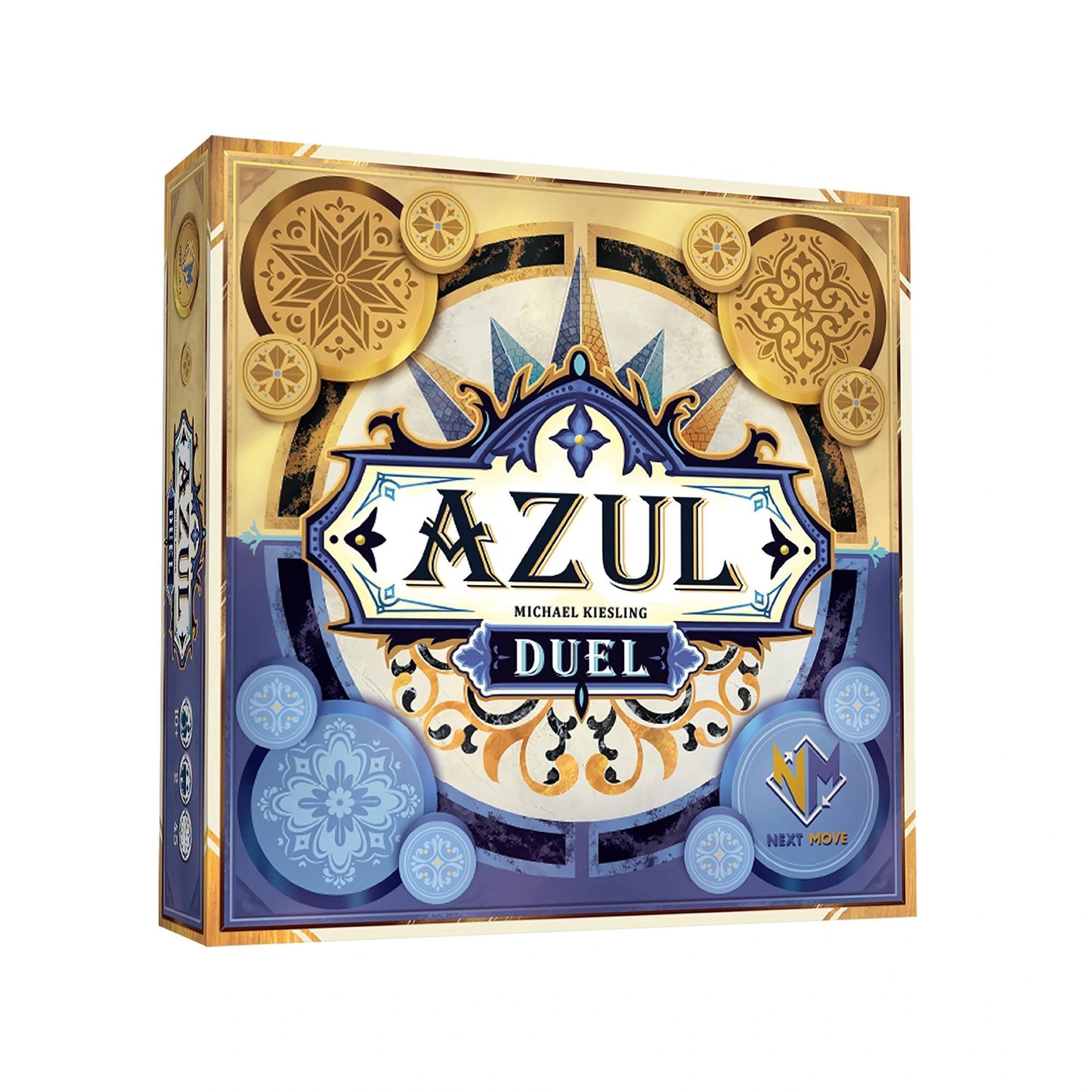 Azul Duel galda spēles kaste ar ziliem un zeltītiem ornamentiem un flīžu rakstu dizainu.