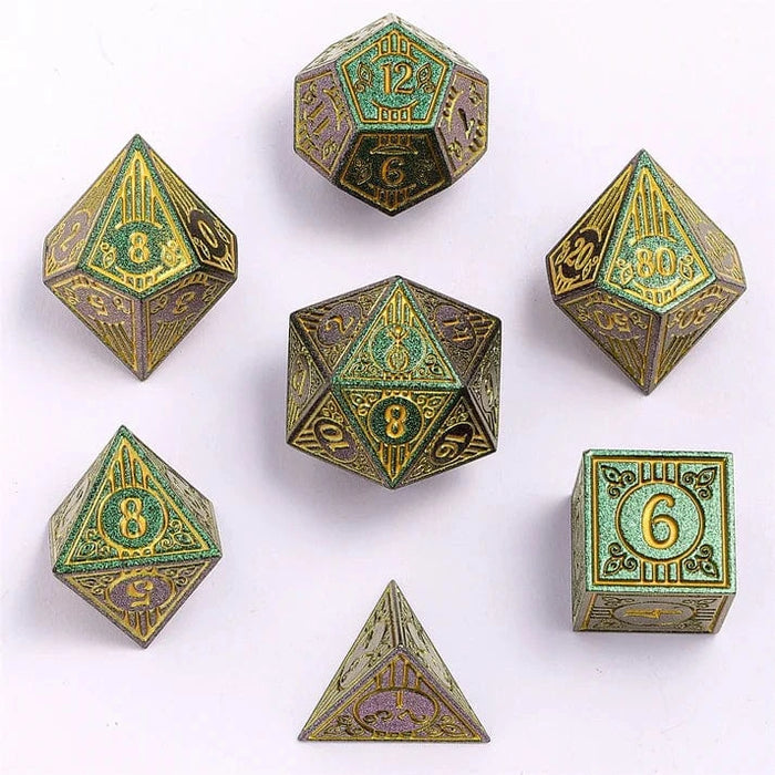 Brain Games LV Bard Solid Metal RPG Dice Set Glitter Green w/Gold (7)