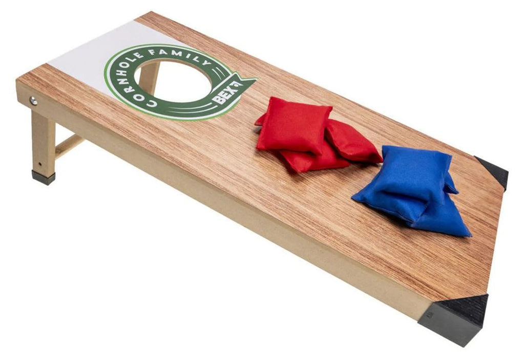 BEX Cornhole koka spēles laukums 60x30 cm ar sarkaniem un ziliem metamiem maisiņiem ģimenes atpūtai.