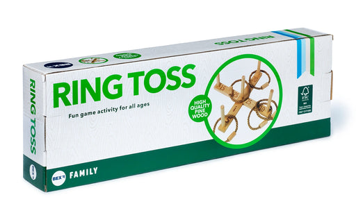 Bex Ring Toss spēles iepakojums ar koka pamatni un virves riņķiem, kas paredzēta aktīvai atpūtai ģimenei.
