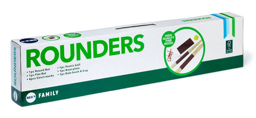 Bex Rounders ģimenes spēles komplekts baltā kastē ar koka nūjām, bumbiņu un pamatnēm āra aktivitātēm.