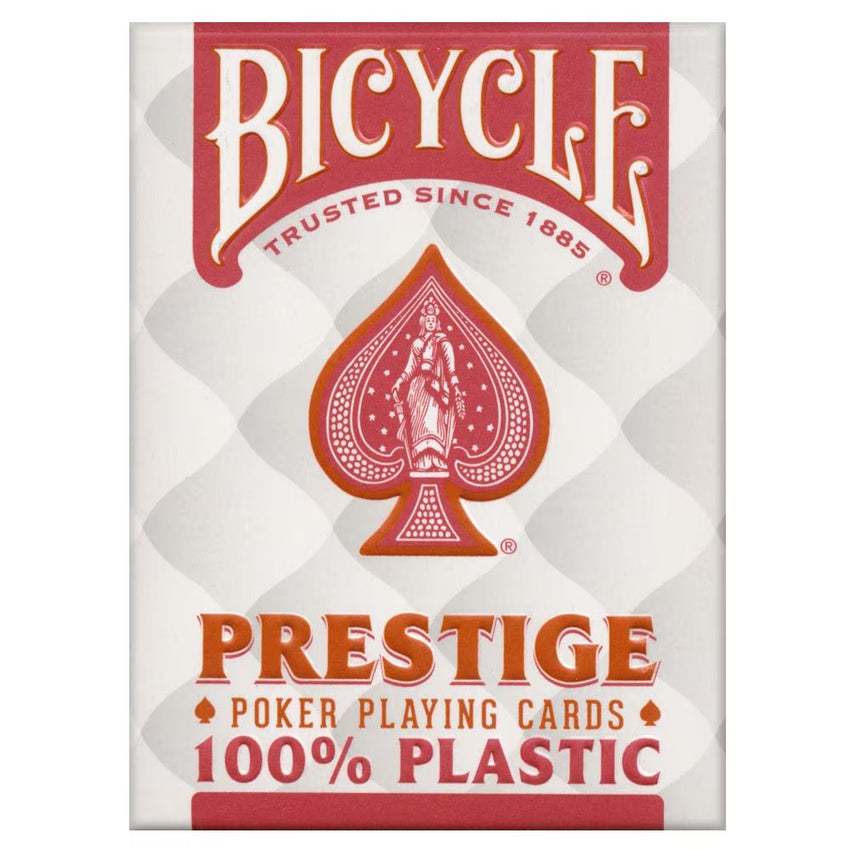Izturīgas sarkanā krāsā Bicycle Prestige 100% plastikāta pokera kārtis ar klasisku Rider Back dizainu.