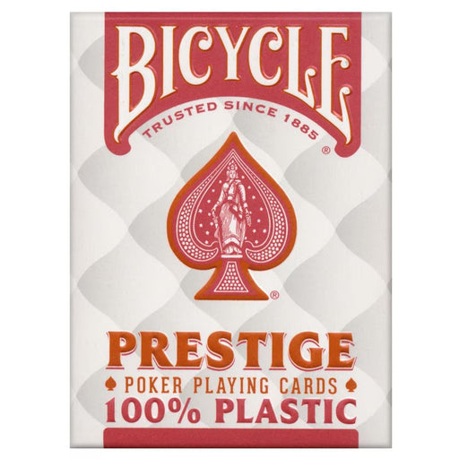 Izturīgas sarkanā krāsā Bicycle Prestige 100% plastikāta pokera kārtis ar klasisku Rider Back dizainu.