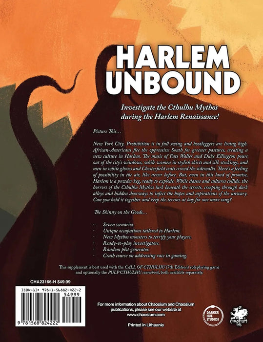 Call of Cthulhu Harlem Unbound cietā sējuma grāmatas aizmugure ar tumšu taustekļu ilustrāciju uz oranža fona.