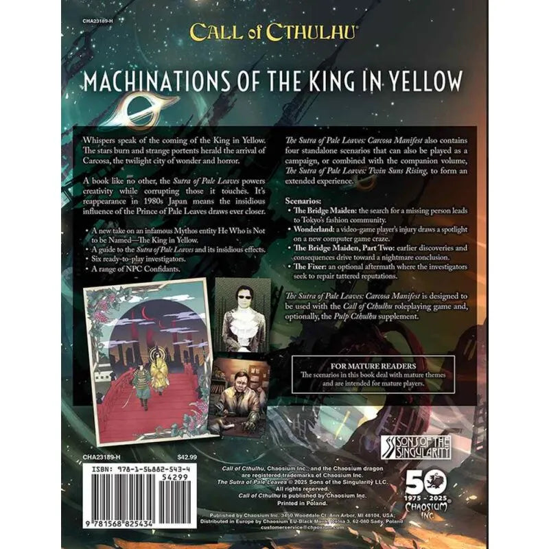Call of Cthulhu lomu spēles grāmatas aizmugurējais vāks ar tumšu, sirreālu ilustrāciju, tekstu un svītrkodu.