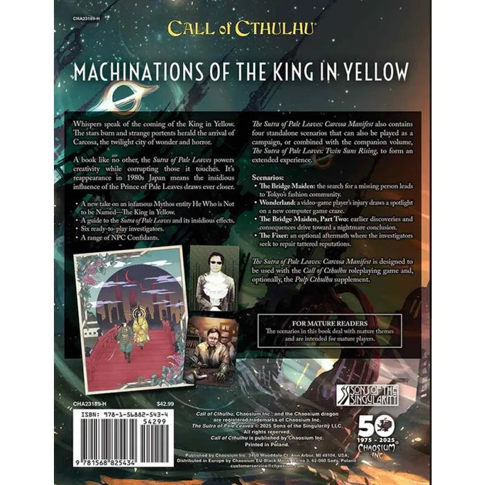 Call of Cthulhu lomu spēles grāmatas aizmugurējais vāks ar tumšu, sirreālu ilustrāciju, tekstu un svītrkodu.