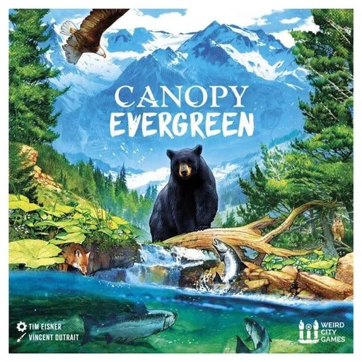 Canopy Evergreen galda spēles kaste ar ilustrētu meža ainavu, kalniem, lāci, zivīm un ērgli košās krāsās.