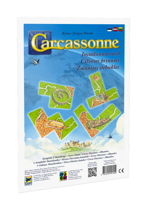 Carcassonne Cilvēces brīnumi paplašinājuma kastes vāks ar pasaules brīnumu kartīšu ilustrācijām uz zila debesu fona.