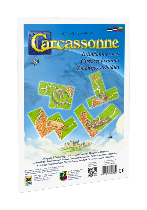 Carcassonne Cilvēces brīnumi paplašinājuma kastes vāks ar pasaules brīnumu kartīšu ilustrācijām uz zila debesu fona.