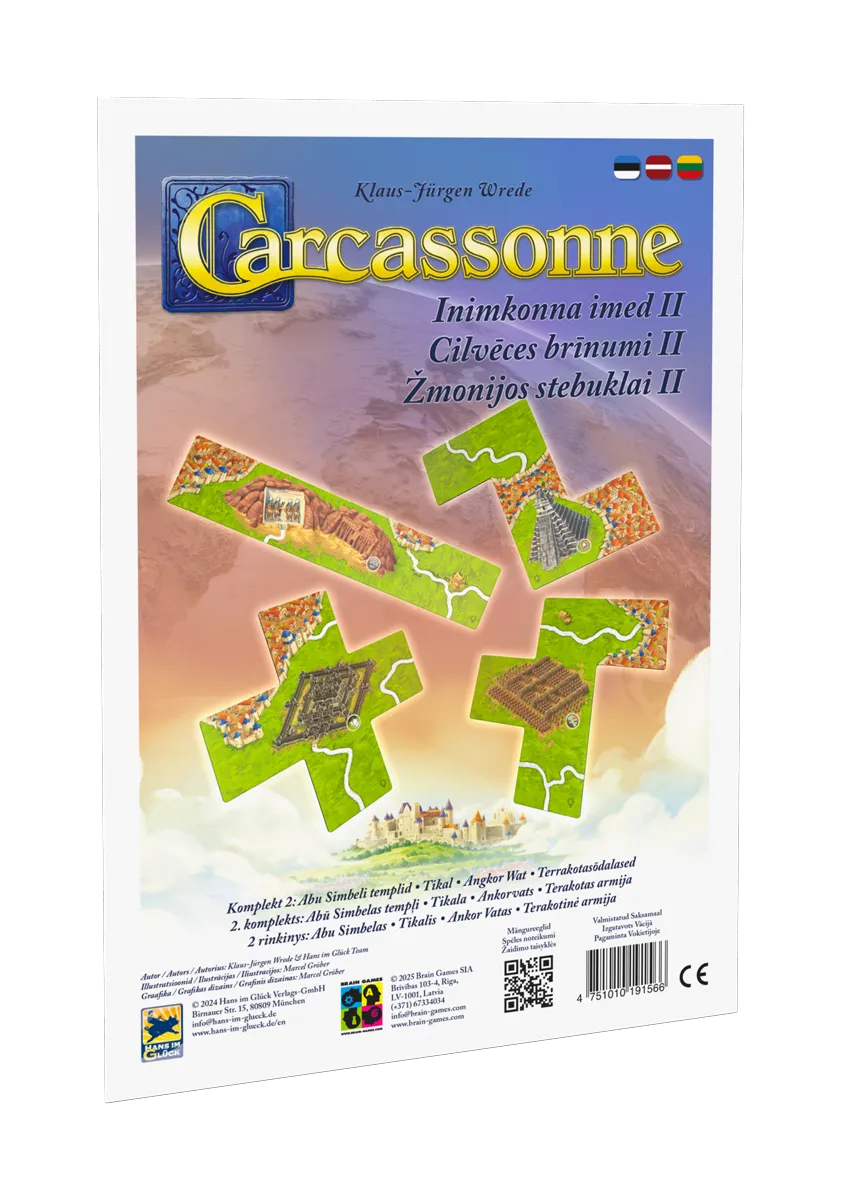 Carcassonne Cilvēces brīnumi II paplašinājuma iepakojums ar spēles lauciņiem un pasaules brīnumu ilustrācijām.