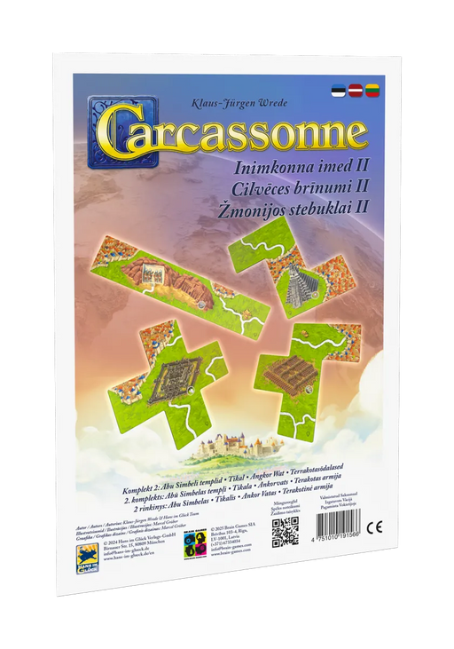 Carcassonne Cilvēces brīnumi II paplašinājuma iepakojums ar spēles lauciņiem un pasaules brīnumu ilustrācijām.