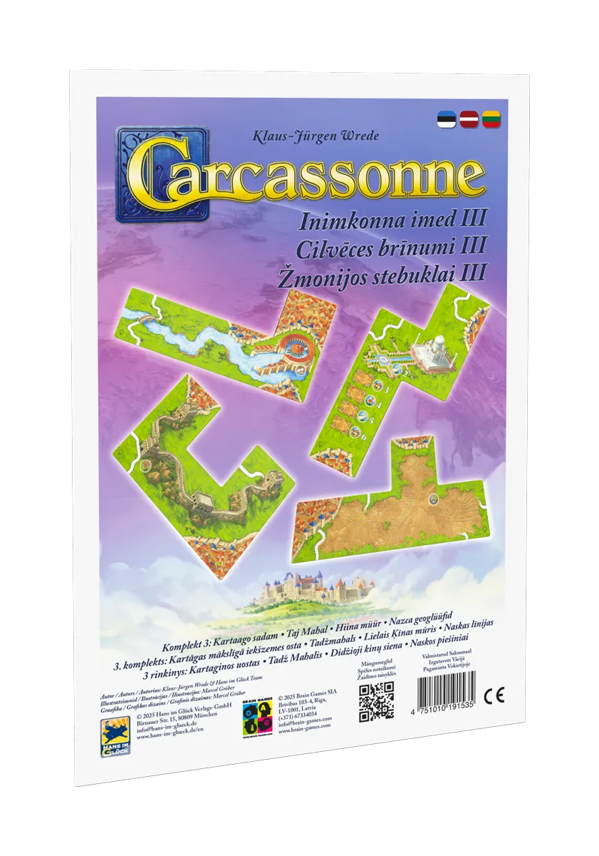 Carcassonne Cilvēces brīnumi III paplašinājuma kaste ar krāsainiem spēles laukuma elementiem un pasaules brīnumu attēliem.
