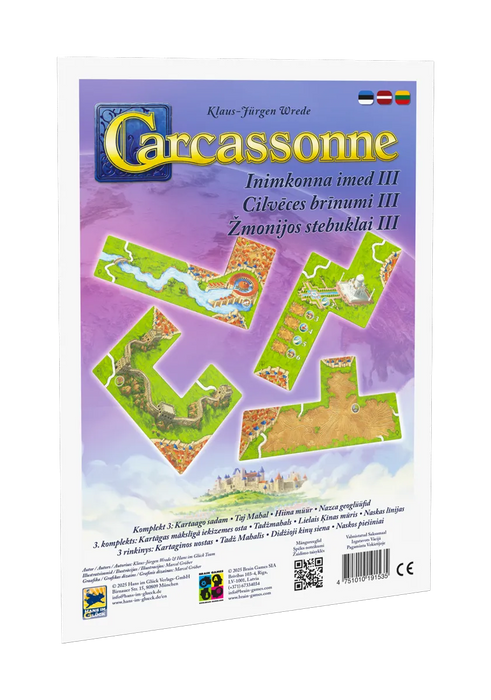 Carcassonne Cilvēces brīnumi III paplašinājuma kaste ar krāsainiem spēles laukuma elementiem un pasaules brīnumu attēliem.