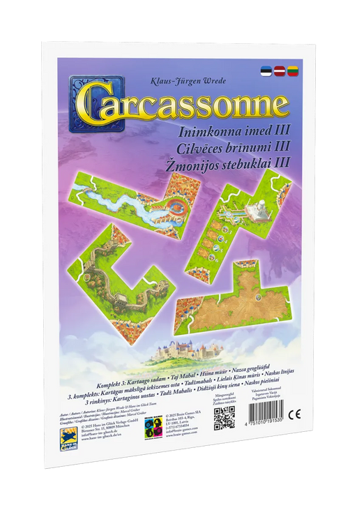 Carcassonne Cilvēces brīnumi III paplašinājuma kaste ar krāsainiem spēles laukuma elementiem un pasaules brīnumu attēliem.