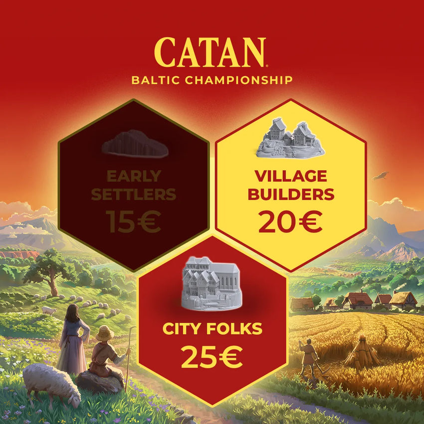 CATAN Baltijas čempionāta reģistrācijas plakāts ar heksagonu ikonām, ciemu un pilsētu figūriņām uz gleznaina lauku fona.