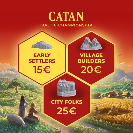 CATAN Baltijas čempionāta reģistrācijas plakāts ar heksagonu ikonām, cenām un spēles figūriņu attēliem uz gleznaina lauku fona.