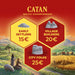 CATAN Baltijas čempionāta reģistrācijas plakāts ar heksagonu ikonām, cenām un spēles figūriņu attēliem uz gleznaina lauku fona.