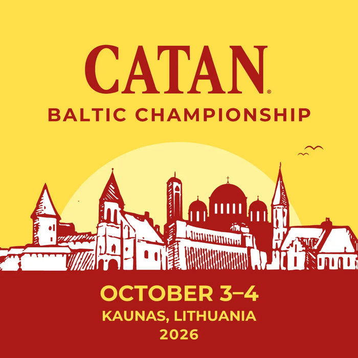 CATAN Baltijas čempionāta plakāts dzeltenā krāsā ar sarkanu Kauņas pilsētas siluetu un pasākuma datumu 2026. gada 3.–4. oktobrī.