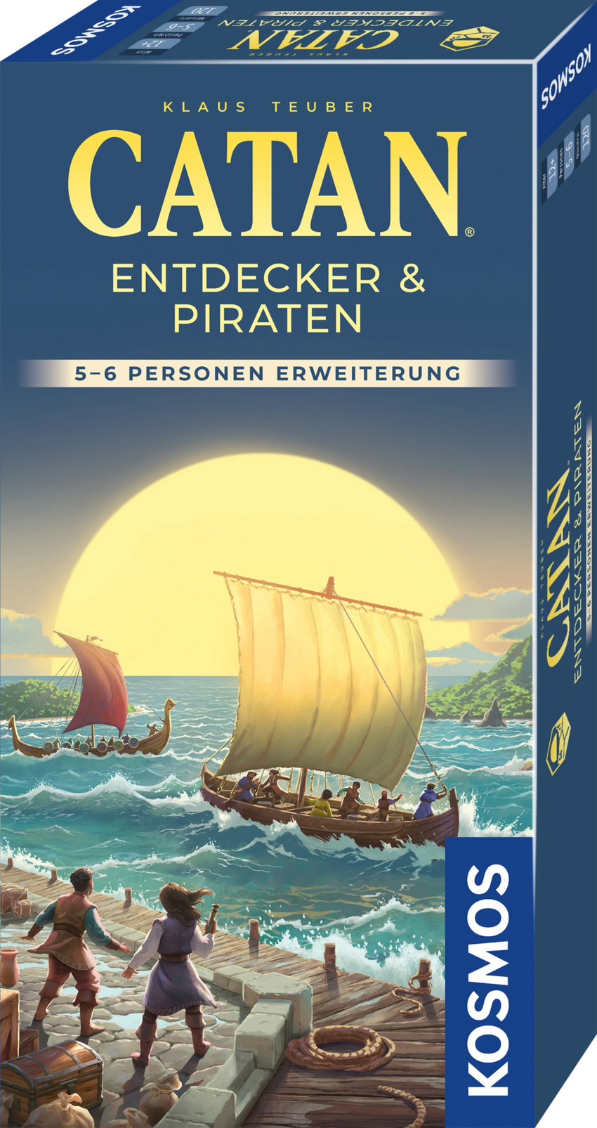 Catan Entdecker & Piraten papildinājums 5-6 spēlētājiem ar zilu kasti, kuģiem jūrā un saulrieta ilustrāciju.