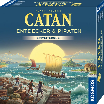 Catan Entdecker & Piraten galda spēles kastes vāks ar ilustrāciju par kuģiem jūrā un ostas piestātni.