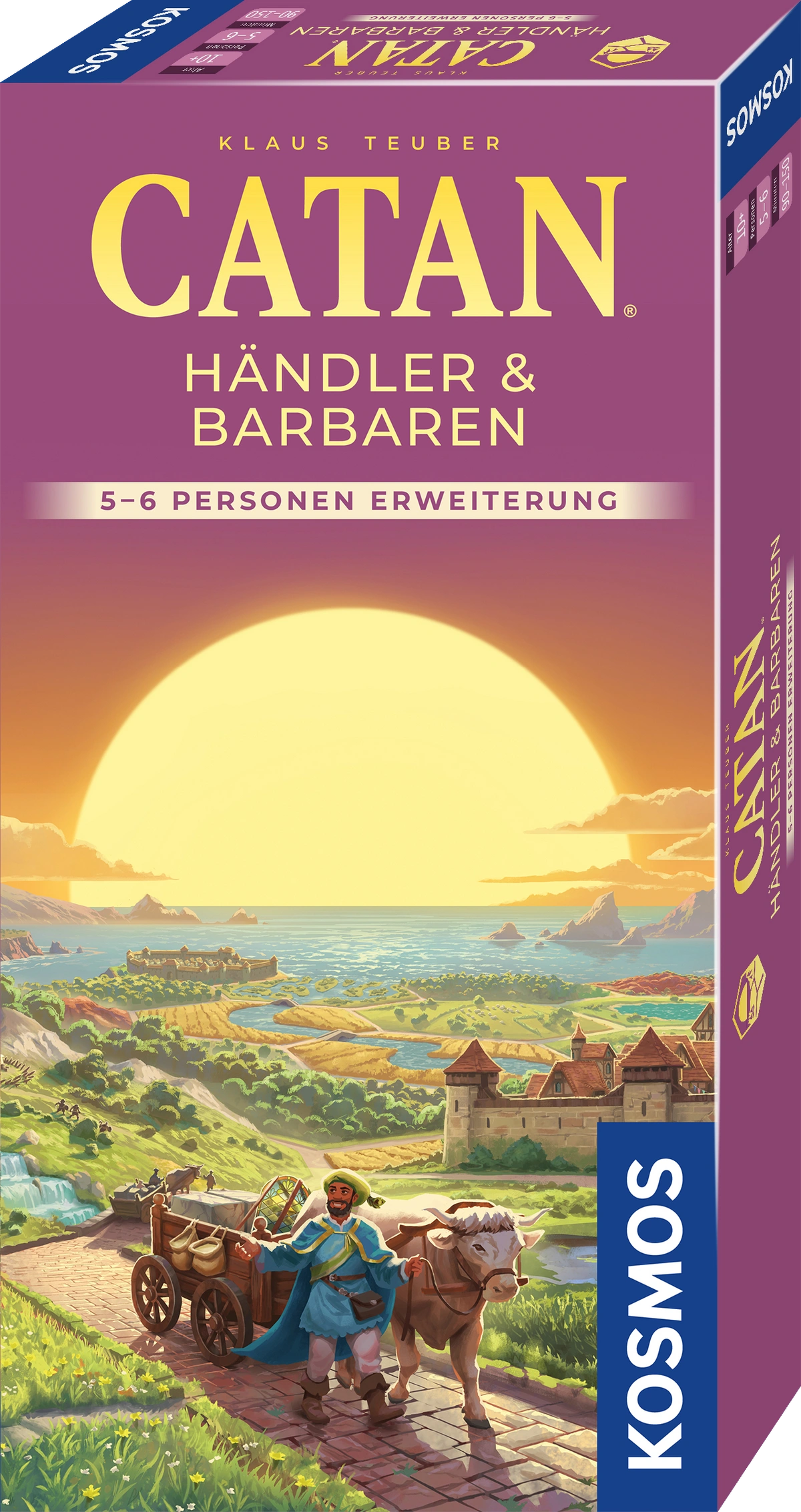 Catan Händler & Barbaren 5-6 spēlētāju paplašinājuma kaste ar saulrieta ainavu un tirgotāju uz ceļa.