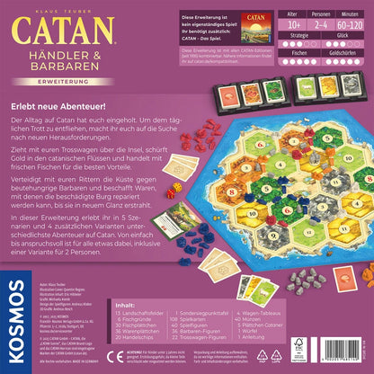 CATAN Händler & Barbaren paplašinājuma kaste ar krāsainiem spēles laukuma sešstūriem, figūriņām, kārtīm un spēles komponentiem.