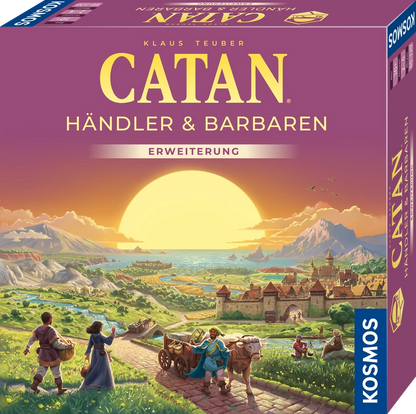 Catan Händler & Barbaren galda spēles papildinājuma kaste ar saulrieta ainavu, tirgotājiem un viduslaiku pilsētu.