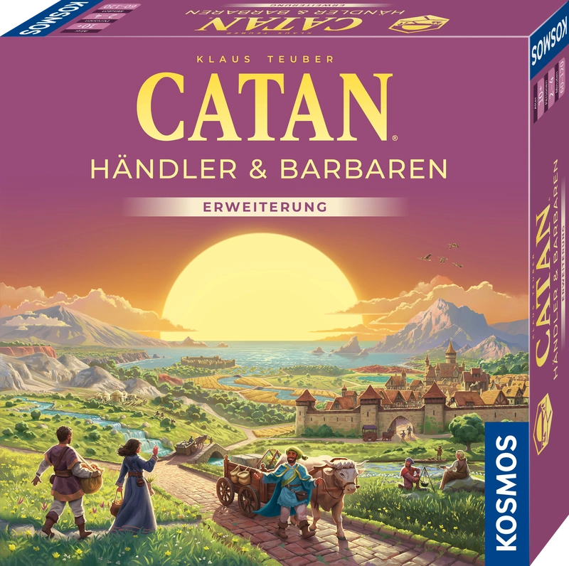 Catan Händler & Barbaren galda spēles papildinājuma kaste ar saulrieta ainavu, tirgotājiem un viduslaiku pilsētu.