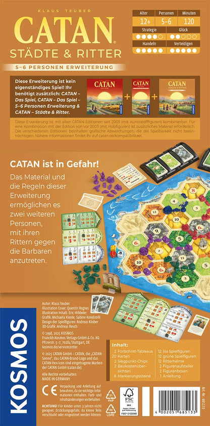 CATAN paplašinājums Pilsētas un bruņinieki 5-6 spēlētājiem ar krāsainiem spēles laukuma elementiem, figūriņām un kārtīm.